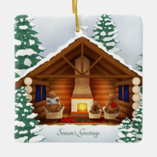 Bear Family At Home Cozy Log Cabin Personalized Ceramic Ornament