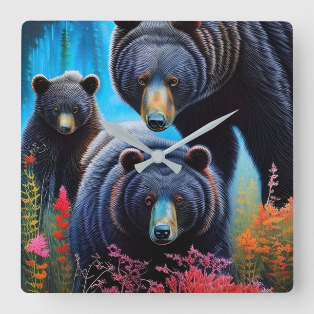 Bear family collage square wall clock (Front)