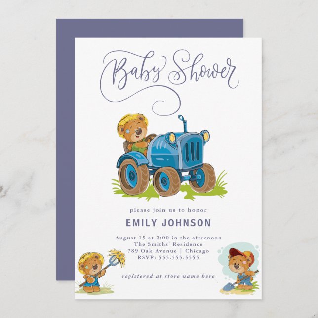 Bear Farm Tractor Baby Shower Invitation (Front/Back)