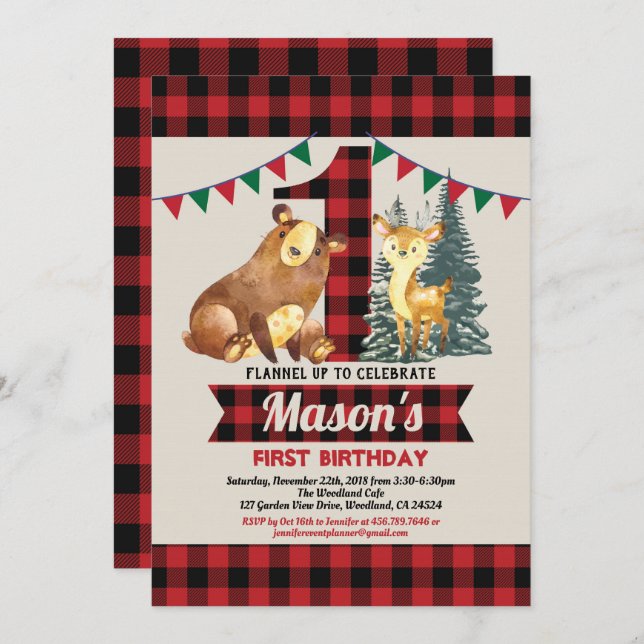 Bear first birthday buffalo red flannel lumberjack invitation (Front/Back)