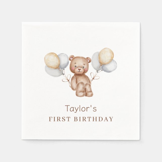 Bear First Birthday Forest Animals Paper Napkin (Front)