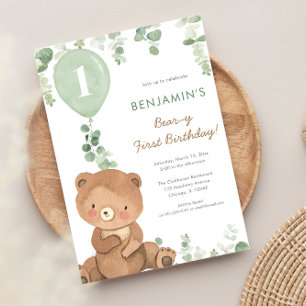 Bear first birthday greenery balloons green brown invitation