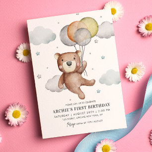 Bear First Birthday Invitation Balloon Cute 