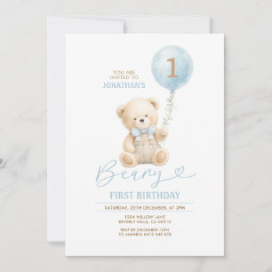 Bear First Birthday Invitation Boy Blue Balloon