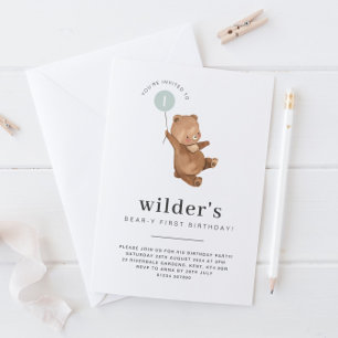 Bear First Birthday Invitation Green Balloon