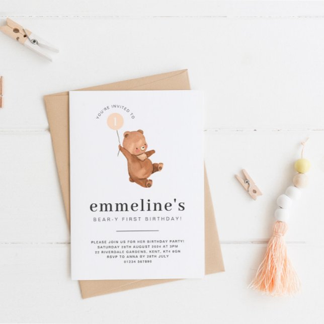 Bear First Birthday Invitation Orange Balloon (Creator Uploaded)