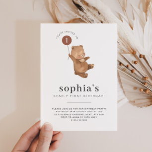 Bear First Birthday Invitation Terracotta Balloon