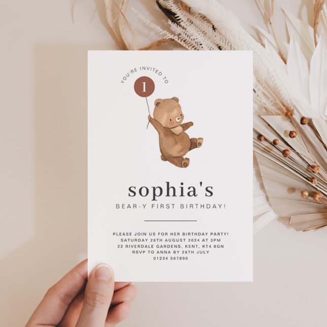 Bear First Birthday Invitation Terracotta Balloon (Creator Uploaded)