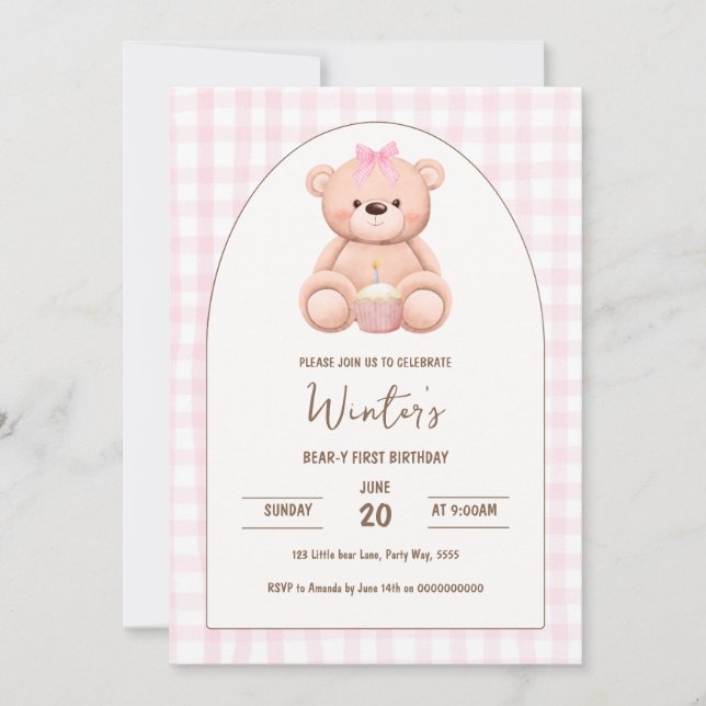 Bear First Birthday Neutral Teddy Pink Gingham Bow Invitation (Front)