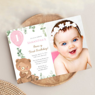 Bear first birthday pink greenery girl balloons invitation