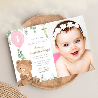 Bear first birthday pink greenery girl balloons invitation