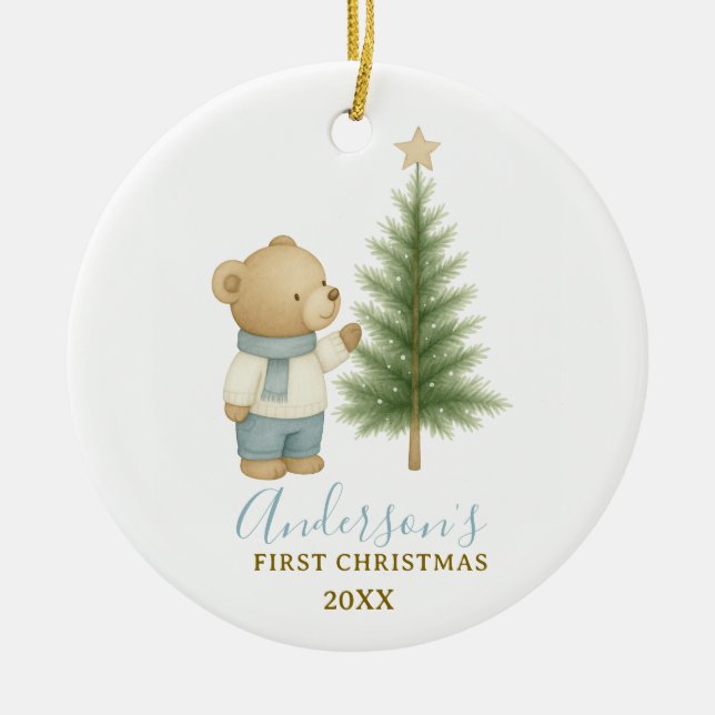 Bear First Christmas Keepsake for Baby Boy Ceramic Tree Decoration (Front)