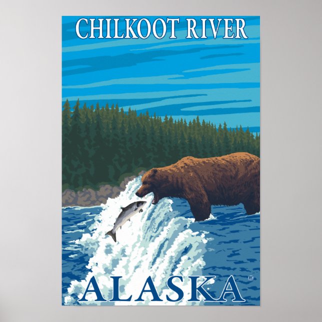 Bear Fishing in River - Chilkoot River, Alaska Poster (Front)