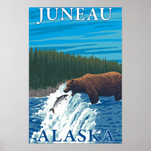 Bear Fishing in River - Juneau, Alaska Poster