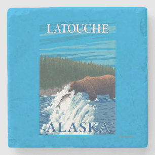 Bear Fishing in River - Latouche, Alaska Stone Coaster