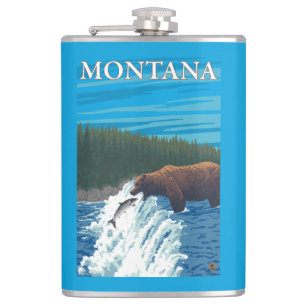 Bear Fishing in River - Montana Hip Flask