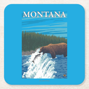 Bear Fishing in River - Montana Square Paper Coaster