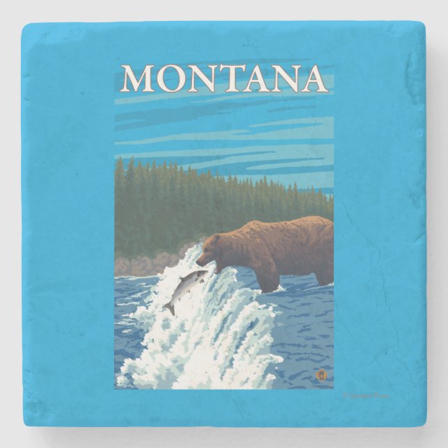 Bear Fishing in River - Montana Stone Coaster (Front)