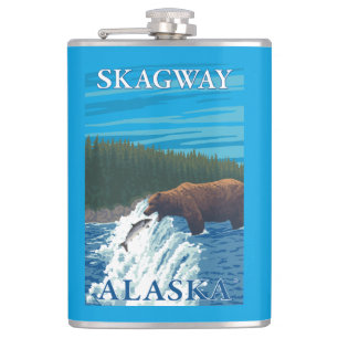 Bear Fishing in River - Skagway, Alaska Hip Flask