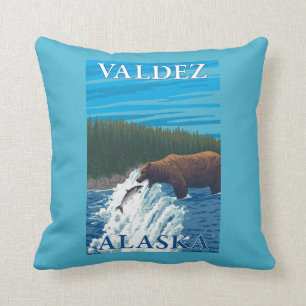 Bear Fishing in River - Valdez, Alaska Cushion