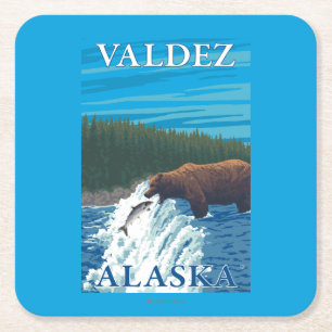Bear Fishing in River - Valdez, Alaska Square Paper Coaster