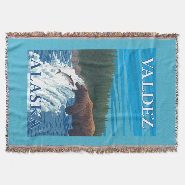 Bear Fishing in River - Valdez, Alaska Throw Blanket (Front)