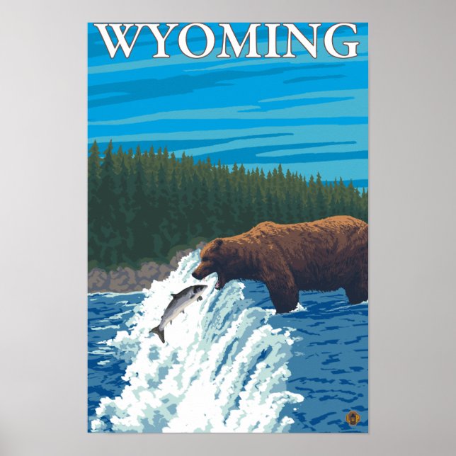 Bear Fishing in River - Wyoming Poster (Front)
