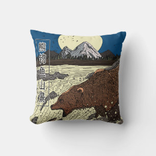 Bear Fishing Mountain Scene Cushion