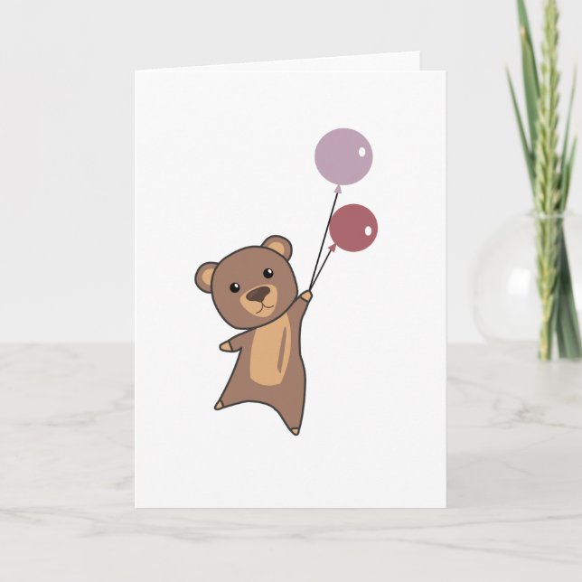 Bear Flies Up With Balloons Cute Animals Card (Front)