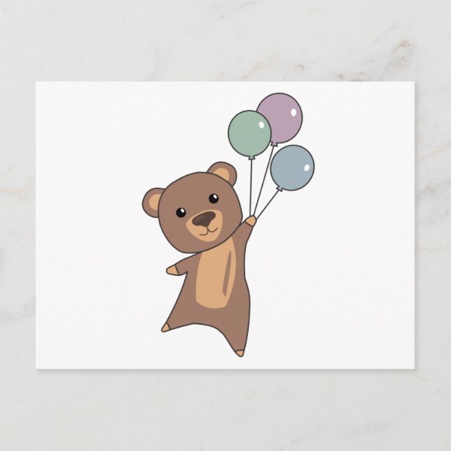 Bear Flies Up With Balloons Cute Animals Postcard (Front)