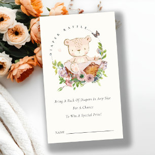 Bear Flower Basket Pink Diaper Raffle Baby Shower Enclosure Card