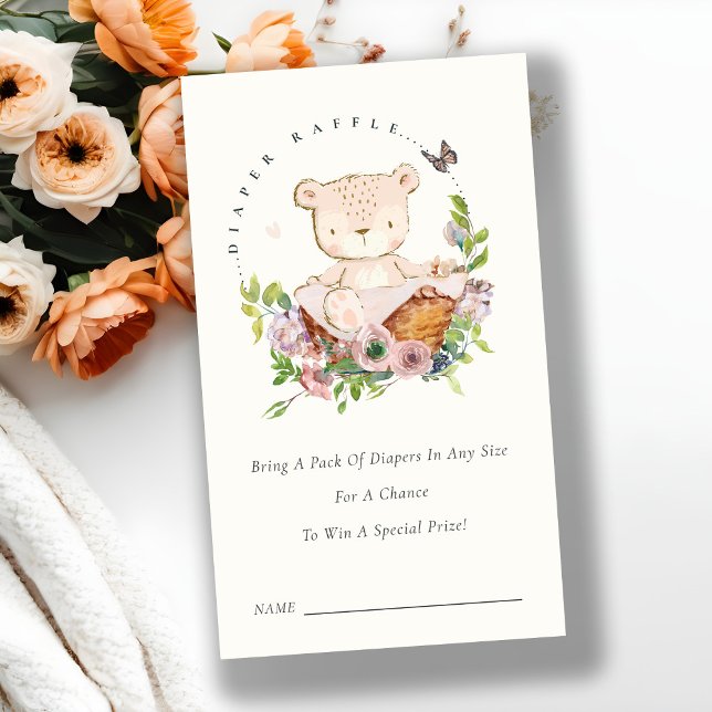 Bear Flower Basket Pink Diaper Raffle Baby Shower Enclosure Card (Creator Uploaded)
