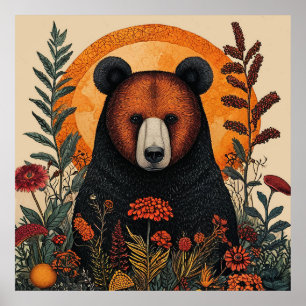 Bear Forest Floral Wall Art Nature Animal Decor 