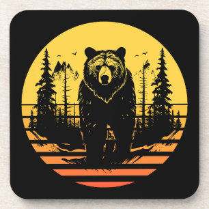 Bear Forest Nature Retro Sunset Coaster