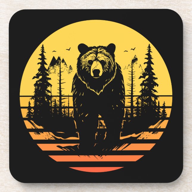 Bear Forest Nature Retro Sunset Coaster (Front)
