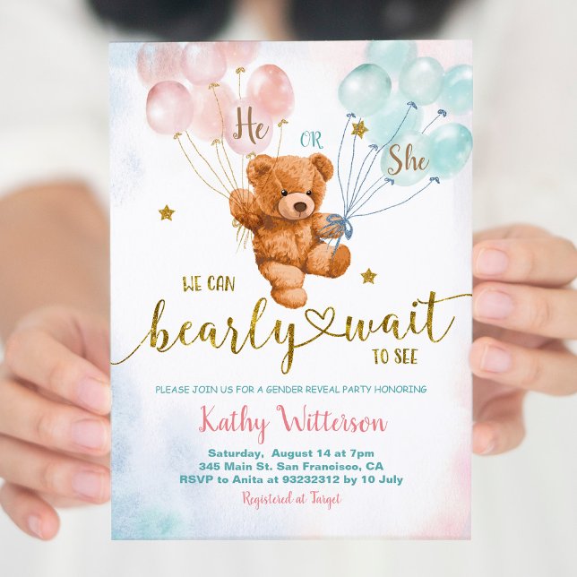 Bear Gender Reveal Pink and Blue Baby Shower Invit Invitation (Creator Uploaded)