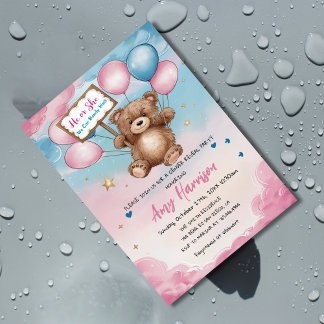 Bear Gender Reveal Pink and Blue Baby Shower Invitation