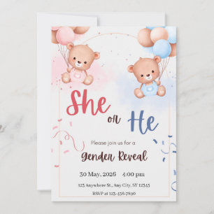 Bear Gender Reveal Pink and Blue Balloon Invitatio Invitation