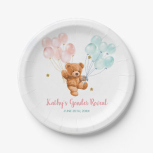 Bear Gender Reveal Pink and Blue Balloon Paper Plate