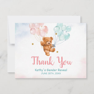 Bear Gender Reveal Pink and Blue Balloon Thank You Card