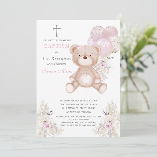 Bear Girl First Birthday and Baptism Invitation (Standing Front)