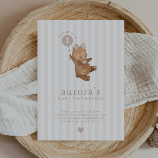 Bear Girls First Birthday Invitation Pink Balloon