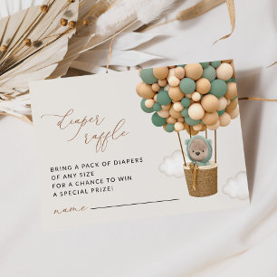 Bear, Green Balloons, Baby Shower Diaper Raffle Enclosure Card