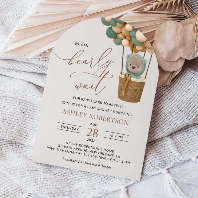Bear, Green Balloons, Hot Air Balloon, Baby Shower Invitation (Creator Uploaded)