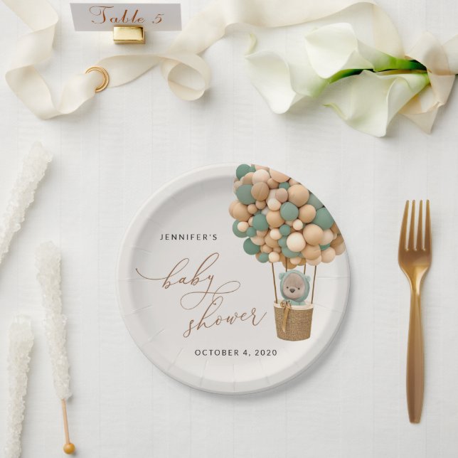 Bear, Green Balloons, Hot Air Balloon, Baby Shower Paper Plate (Wedding)