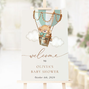 Bear, Green Hot Air Balloon, Baby Shower Welcome Poster