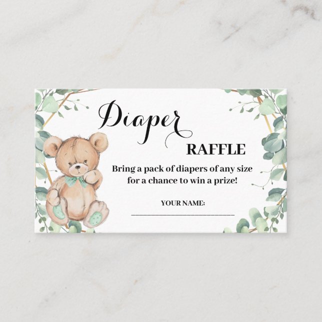 Bear Greenery Diaper Raffle Ticket Shower Card (Front)