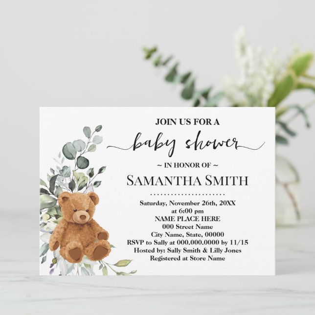 Bear Greenery Eucalyptus Baby Shower Invitation (Standing Front)