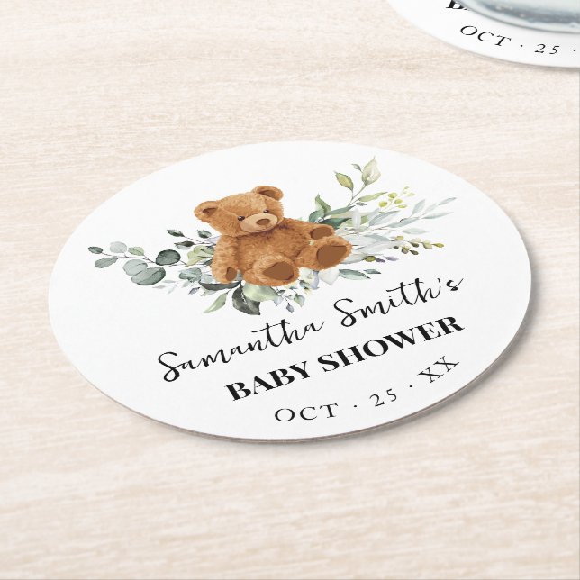 Bear Greenery Eucalyptus Baby Shower Round Paper Coaster (Angled)