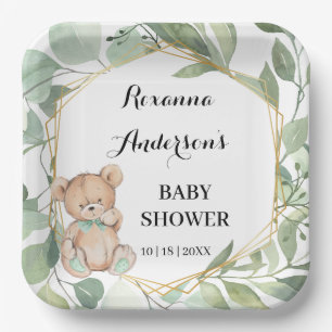 Bear Greenery Gold Baby Shower Paper Plate